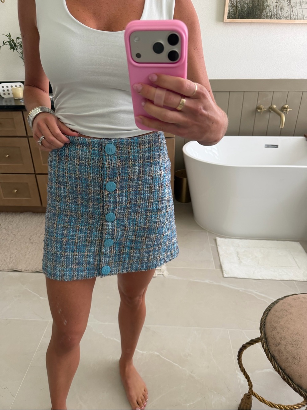 Never A Wallflower Blue Tweed Button-Front Mini Skirt